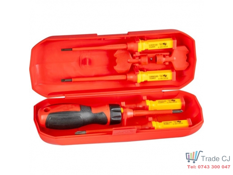 Set 5 surubelnite VDE pentru electricieni cu maner interschimbabil, izolate 1000V in cutie transport plastic