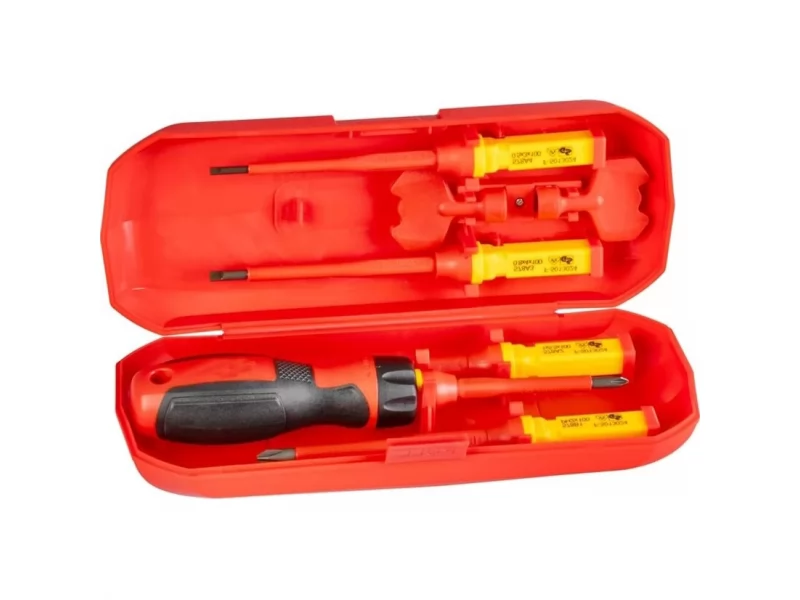 Set 5 surubelnite VDE pentru electricieni cu maner interschimbabil, izolate 1000V in cutie transport plastic
