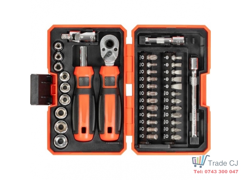 Set mixt surubelnita si cheie cu clichet, 38 buc biti si adaptoare magnetice Cr-V, in cutie transport plastic