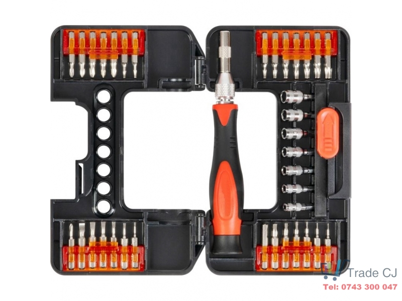 Set mixt surubelnita cu 37 biti Cr-V, cap magnetic torx, drept, cruce, in cutie transport plastic