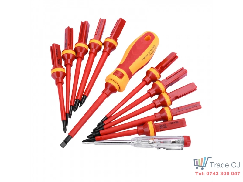 Set 13 surubelnite VDE pentru electricieni cu maner interschimbabil, izolate 1000V in cutie transport