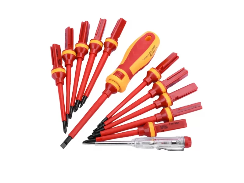 Set 13 surubelnite VDE pentru electricieni cu maner interschimbabil, izolate 1000V in cutie transport