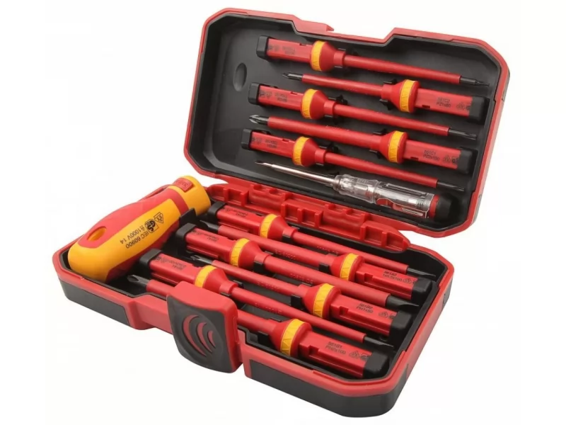 Set 13 surubelnite VDE pentru electricieni cu maner interschimbabil, izolate 1000V in cutie transport