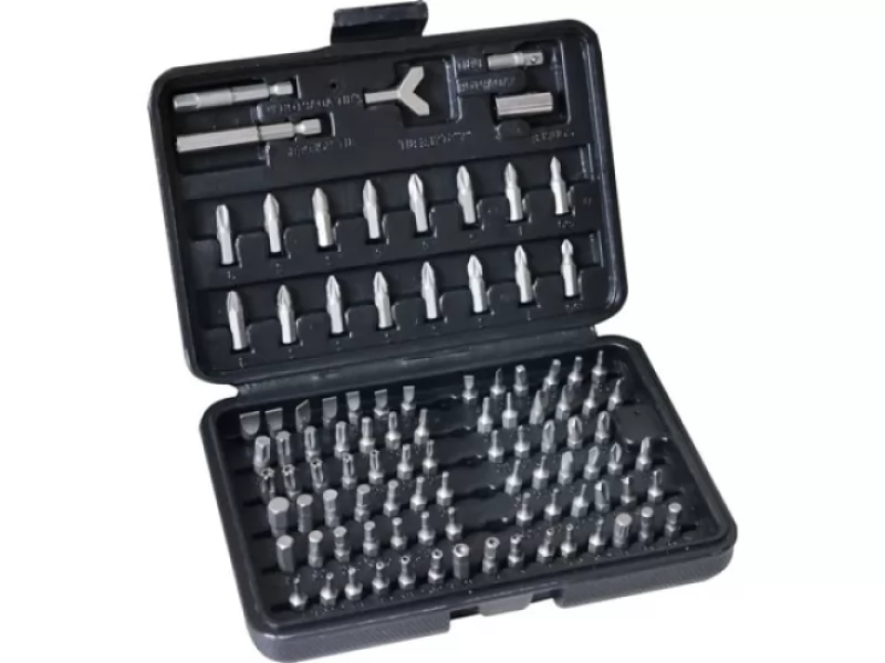 Set 100 biti si adaptoare Cr-V, pentru masina de gaurit si insurubat, in cutie plastic