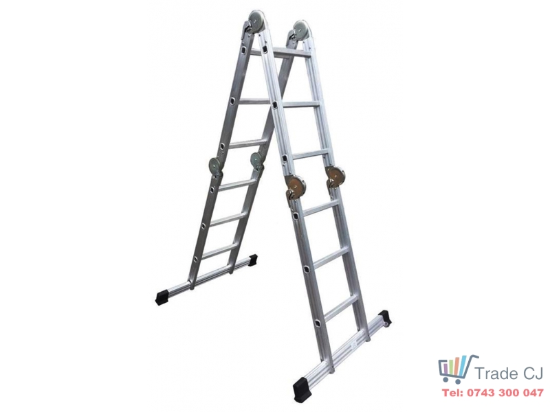 Scara aluminiu articulata tip schela 4 tronsoane x 3 trepte, max 150 kg, platforma lemn