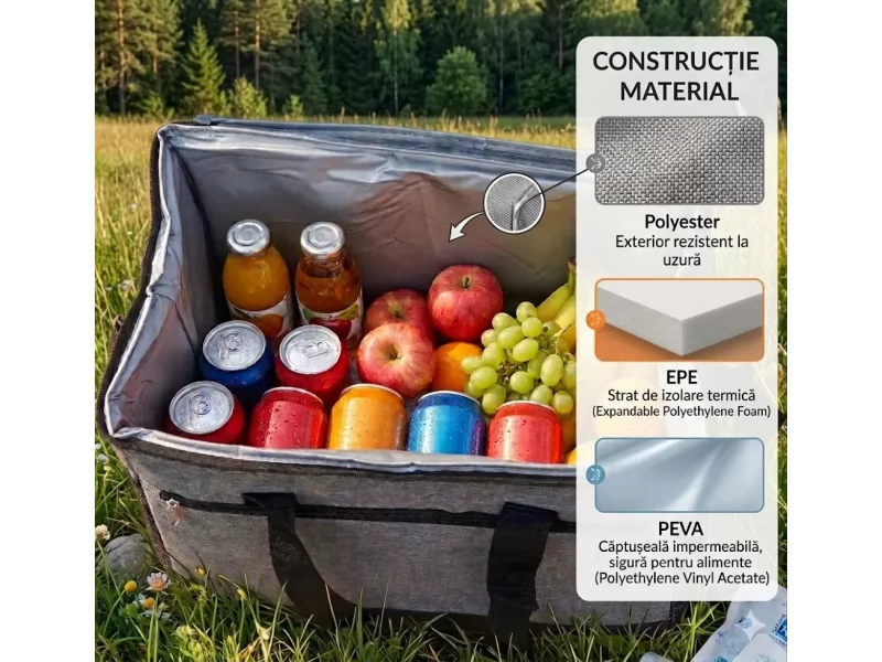 Geanta frigorifica pliabila 30L, izolare termica, 27x40x31 cm, culoare gri, pentru camping, picnic, plaja si cumparaturi