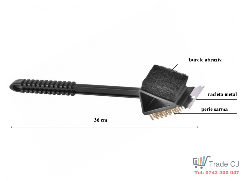 Perie pentru curatat gratar grill cu racleta si burete abraziv, maner plastic