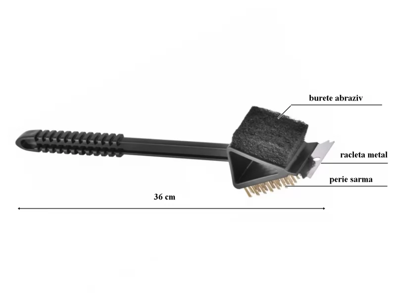 Perie pentru curatat gratar grill cu racleta si burete abraziv, maner plastic