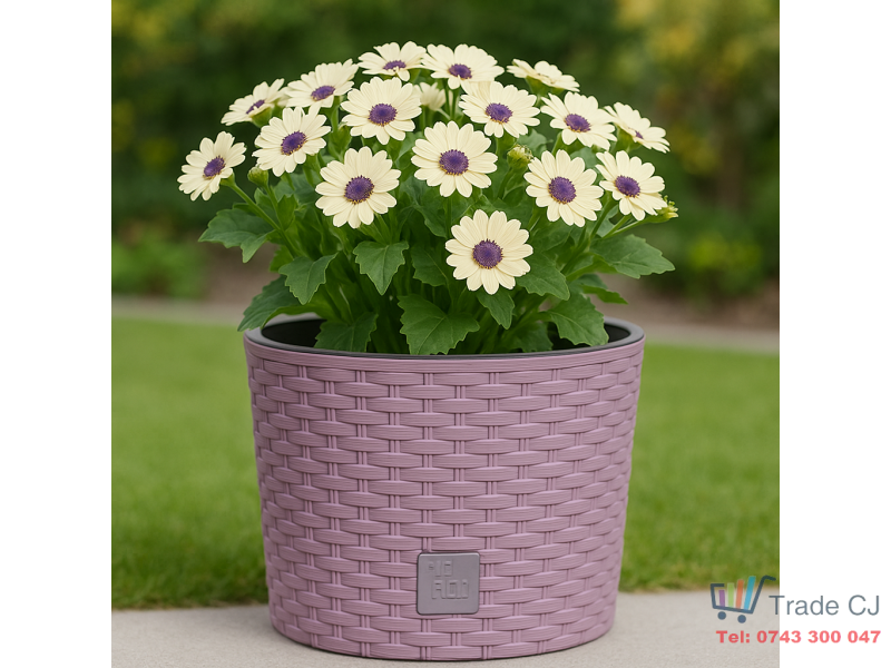 Ghiveci rotund mocca, plastic rezistent, imitatie ratan, diametru 20 cm, inaltime 19 cm