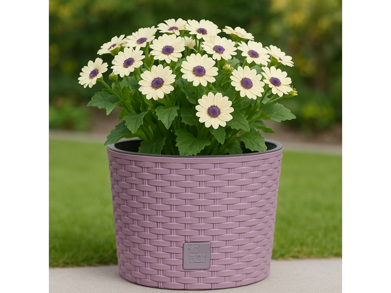 Ghiveci rotund mocca, plastic rezistent, imitatie ratan, diametru 20 cm, inaltime 19 cm