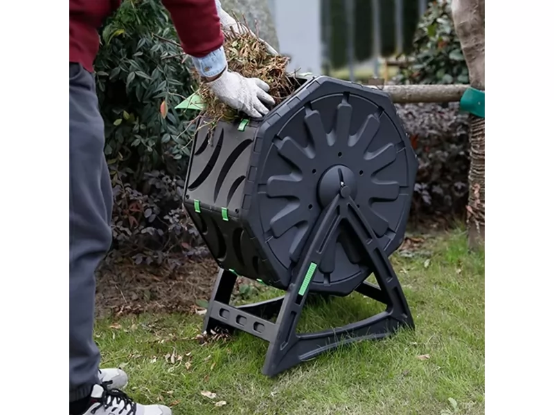 Compostor rotativ cu picioare, capacitate 70 L, sistem de aerisire, plastic rezistent la intemperii, 55,5 x 36 x 72 cm, negru