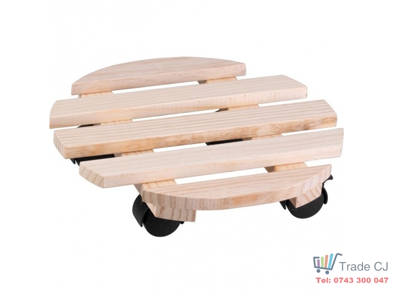 Suport din lemn mobil cu 4 roti pentru ghivece de flori, diametru 30 cm, max 50 kg