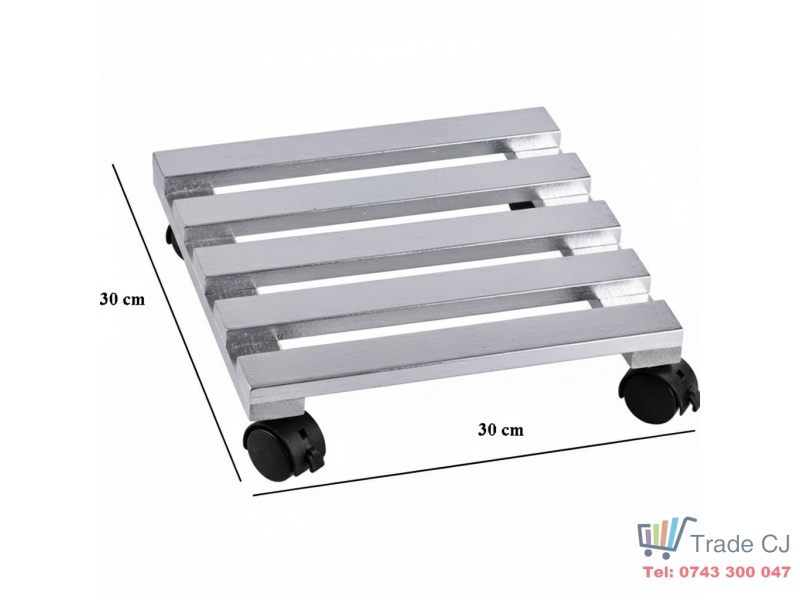 Suport din lemn mobil cu 4 roti pentru ghivece de flori, 30x30 cm, max 50 kg, culoare argintie