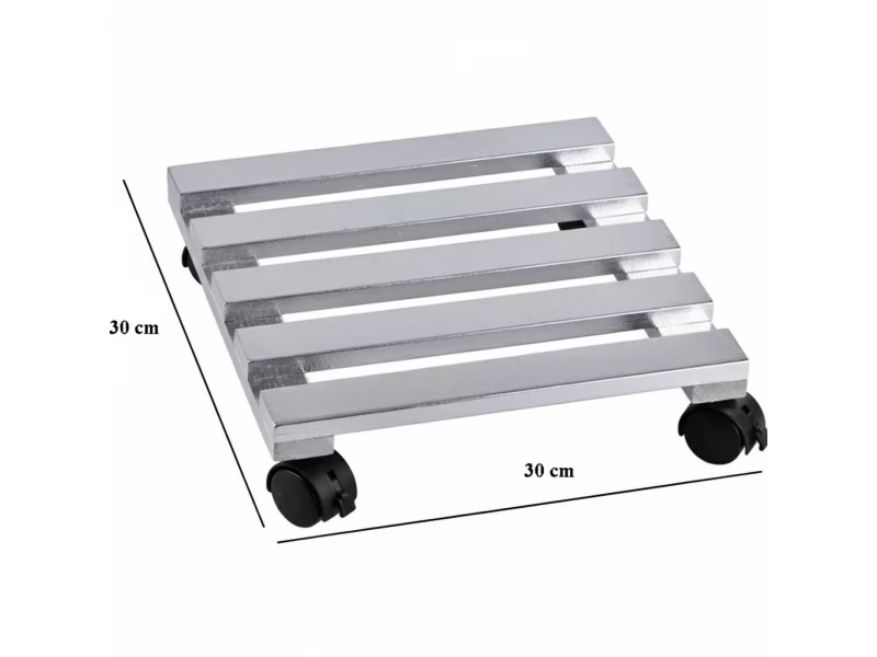 Suport din lemn mobil cu 4 roti pentru ghivece de flori, 30x30 cm, max 50 kg, culoare argintie