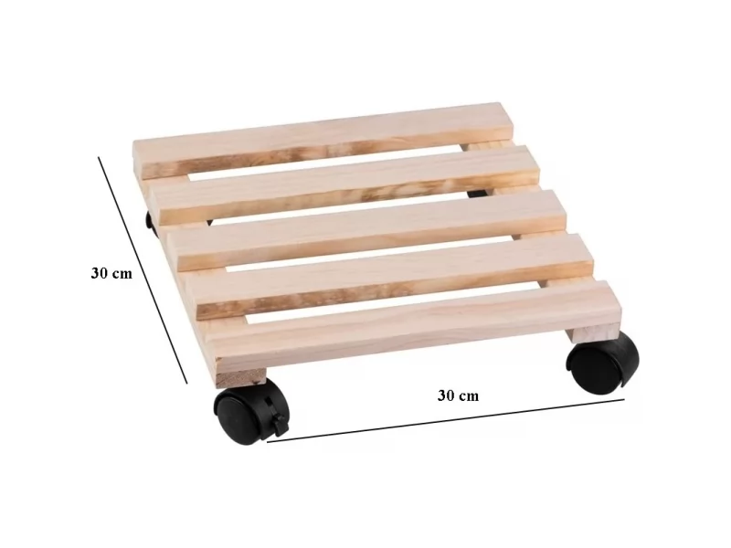 Suport din lemn mobil cu 4 roti pentru ghivece de flori, 30x30 cm, max 50 kg