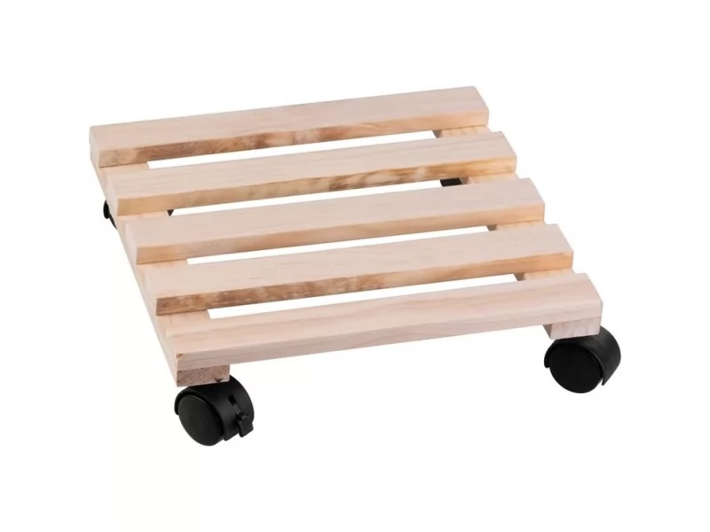 Suport din lemn mobil cu 4 roti pentru ghivece de flori, 30x30 cm, max 50 kg