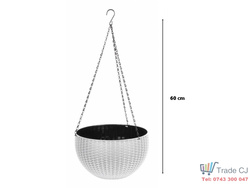 Ghiveci de flori cu agatatoare metalica, 26x16 cm, alb