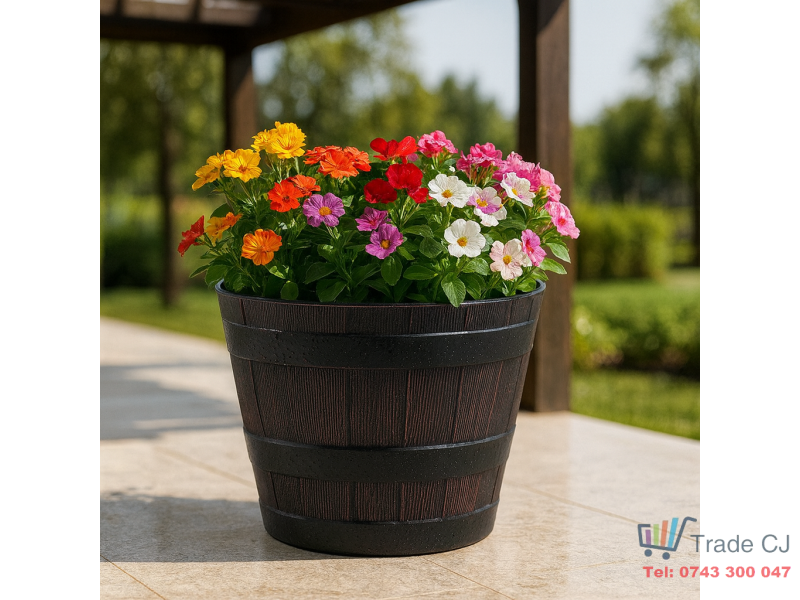 Ghiveci decorativ rotund din plastic, efect lemn teak, 39x24 cm