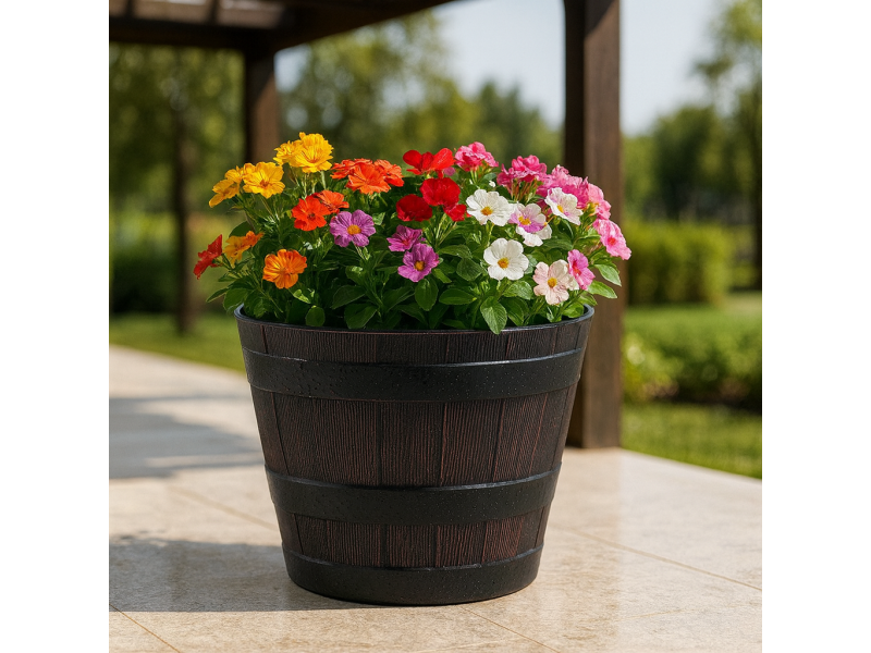 Ghiveci decorativ rotund din plastic, efect lemn teak, 39x24 cm