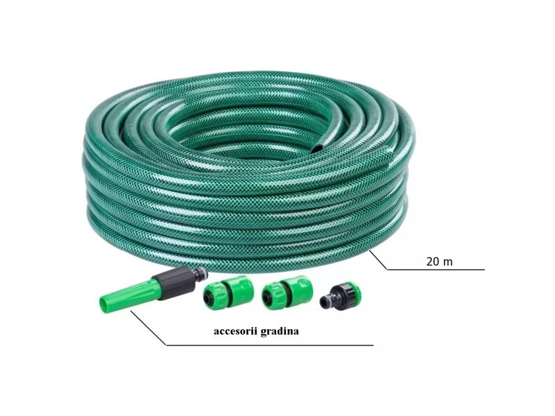 Set furtun cu accesorii pentru gradina, 3 straturi, conectica 1 2, lungime 20 m, presiune max 12 bar, rezistent UV