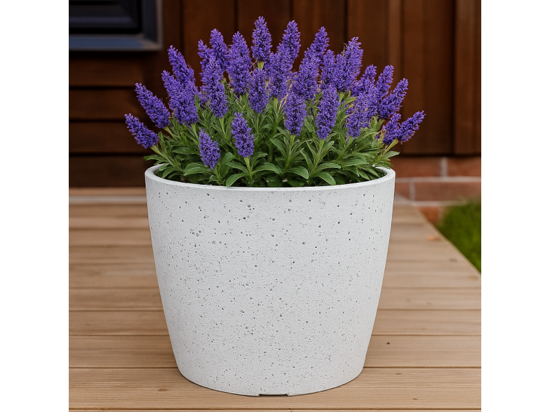Ghiveci pentru flori din plastic rezistent, culoare alba, Stone Effect, diametru 35 cm, inaltime 35 cm, cu orificiu scurgere
