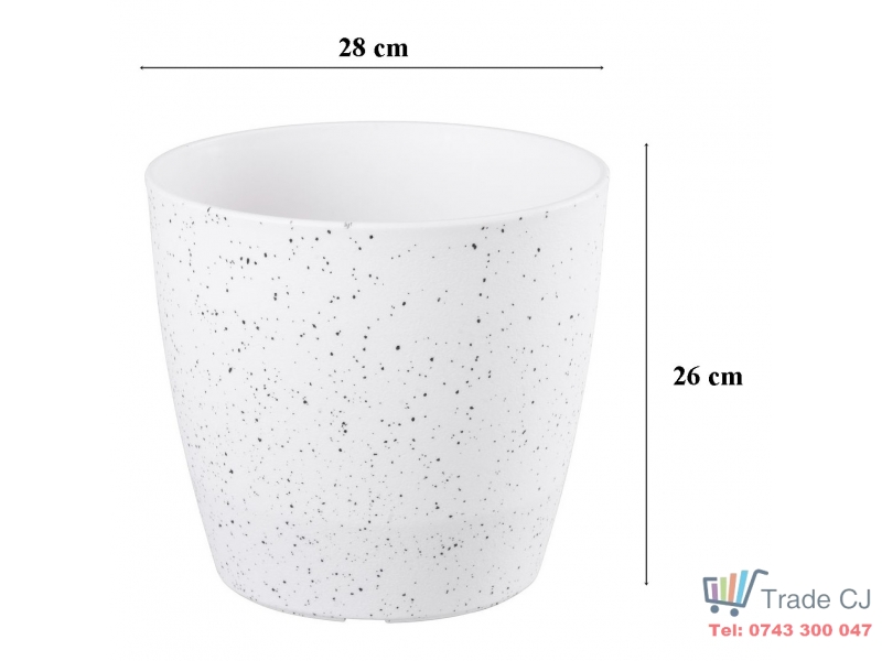 Ghiveci pentru flori din plastic rezistent, culoare alba, Stone Effect, diametru 28 cm, inaltime 26 cm, cu orificiu scurgere