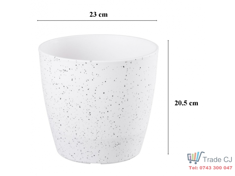 Ghiveci pentru flori din plastic rezistent, culoare alba, Stone Effect, diametru 23 cm, inaltime 20.5 cm, cu orificiu scurgere