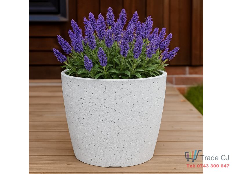 Ghiveci pentru flori din plastic rezistent, culoare alba, Stone Effect, diametru 23 cm, inaltime 20.5 cm, cu orificiu scurgere