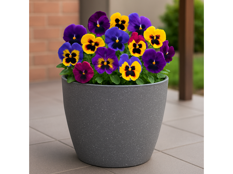 Ghiveci pentru flori din plastic rezistent, SGTT, culoare gri, Stone Effect, diametru 35 cm, inaltime 35 cm, cu orificiu scurgere