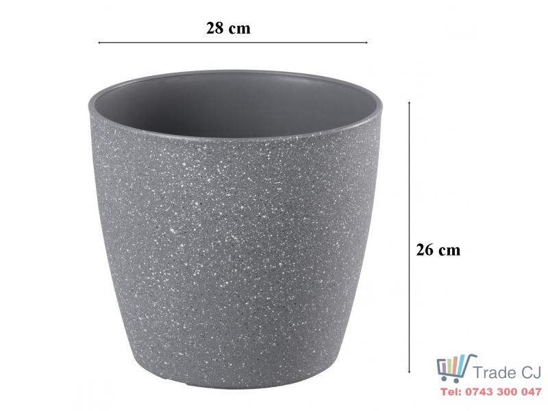 Ghiveci pentru flori din plastic rezistent, culoare gri, Stone Effect, diametru 28 cm, inaltime 26 cm, cu orificiu scurgere