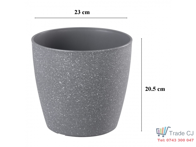 Ghiveci pentru flori din plastic rezistent, culoare gri, Stone Effect, diametru 23 cm, inaltime 20.5 cm, cu orificiu scurgere