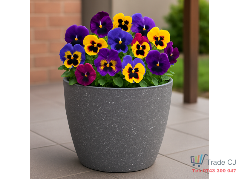 Ghiveci pentru flori din plastic rezistent, culoare gri, Stone Effect, diametru 23 cm, inaltime 20.5 cm, cu orificiu scurgere