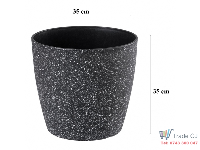 Ghiveci pentru flori din plastic rezistent, culoare neagra, Stone Effect, diametru 35 cm, inaltime 35 cm, cu orificiu scurgere