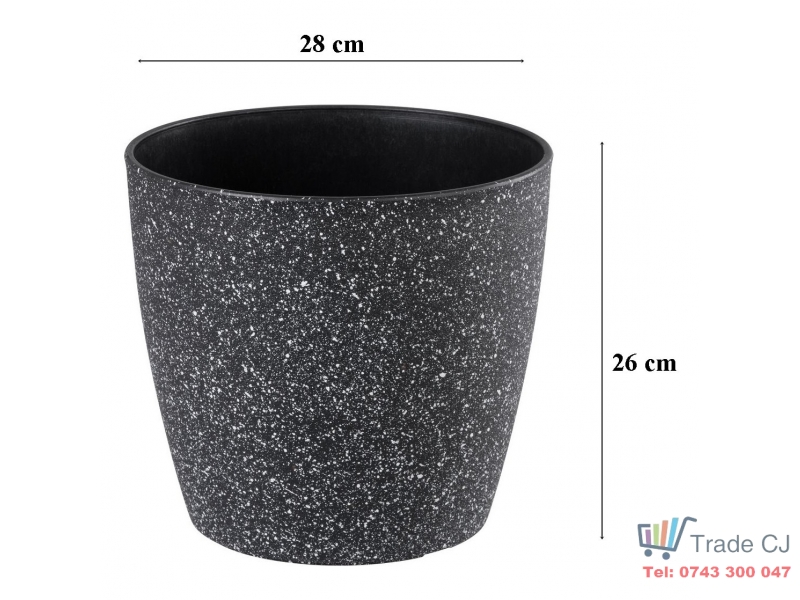 Ghiveci pentru flori din plastic rezistent, culoare neagra, Stone Effect, diametru 28 cm, inaltime 26 cm, cu orificiu scurgere