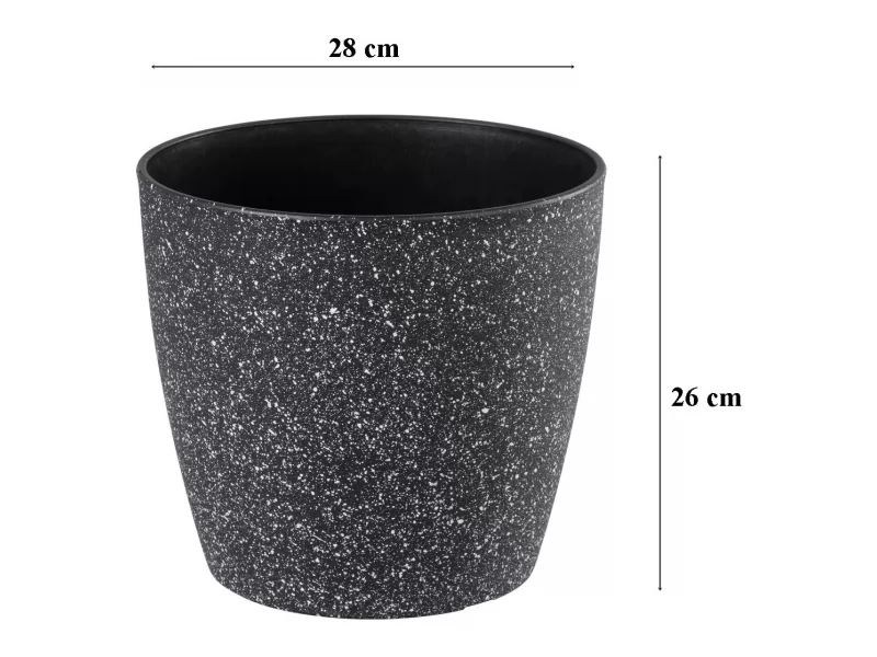 Ghiveci pentru flori din plastic rezistent, culoare neagra, Stone Effect, diametru 28 cm, inaltime 26 cm, cu orificiu scurgere