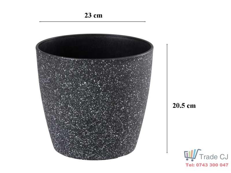 Ghiveci pentru flori din plastic rezistent, culoare neagra, Stone Effect, diametru 23 cm, inaltime 20.5 cm, cu orificiu scurgere