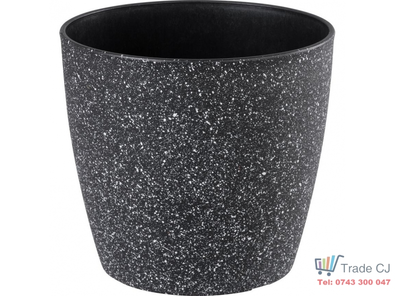 Ghiveci pentru flori din plastic rezistent, culoare neagra, Stone Effect, diametru 23 cm, inaltime 20.5 cm, cu orificiu scurgere
