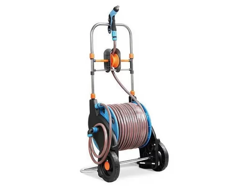 Furtun cu derulator pe roti, profesional, Strend Pro, 3 straturi, 50 m+2 m,conectica 1 2 cu pistol si adaptor
