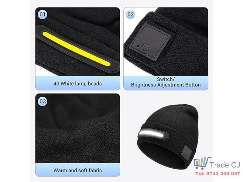 Caciula cu lanterna LED, 40 cob LED, 140 lm, incarcare usb-c, baterie 750 mah, 3 moduri de iluminare, culoare negra