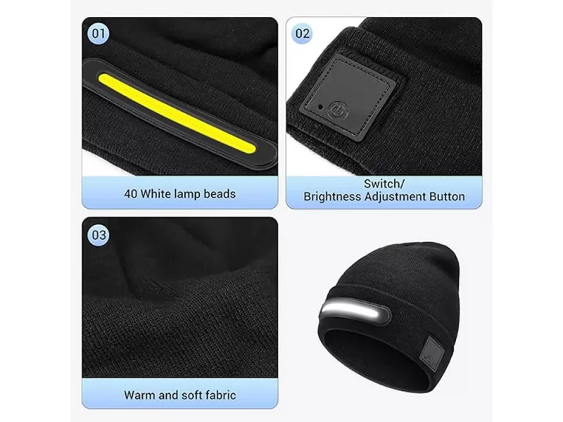 Caciula cu lanterna LED, 40 cob LED, 140 lm, incarcare usb-c, baterie 750 mah, 3 moduri de iluminare, culoare negra