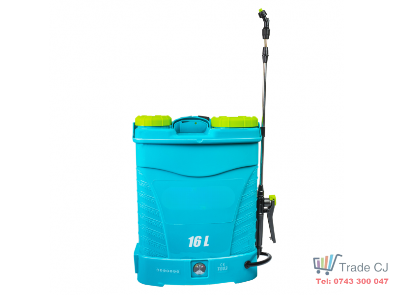 Pulverizator electric cu acumulator 16L, baterie 12V 8Ah, presiune 5.5 bari, lance inox, 3 duze, vermorel pentru gradina, vie si livada