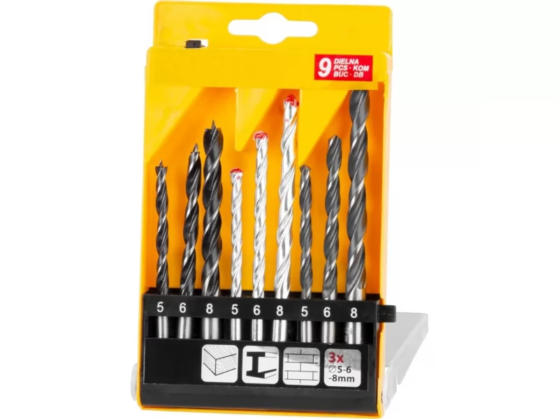 Set 9 bucati burghie mixte pentru lemn, metal, zidarie 5 mm, 6 mm, 8 mm in cutie transport plastic