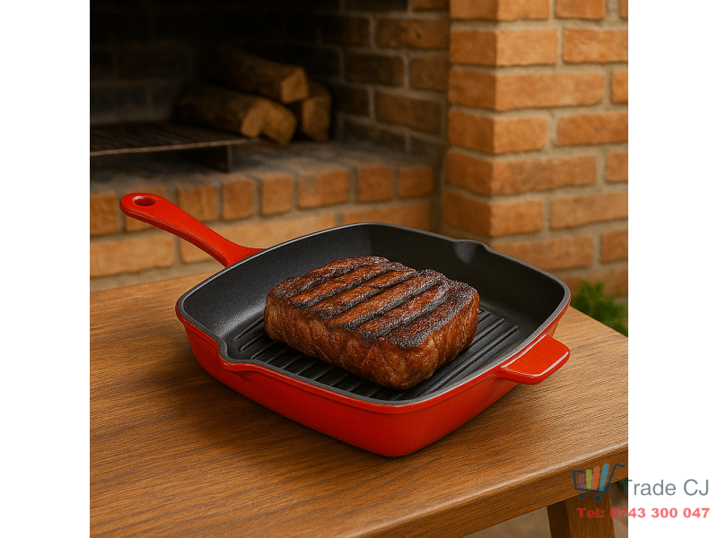 Tigaie Grill Fonta Emailata 27x27 cm, Compatibila cu Inductie, Gaz si Cuptor, Ideala pentru Steak, Burgeri, Carne si Legume