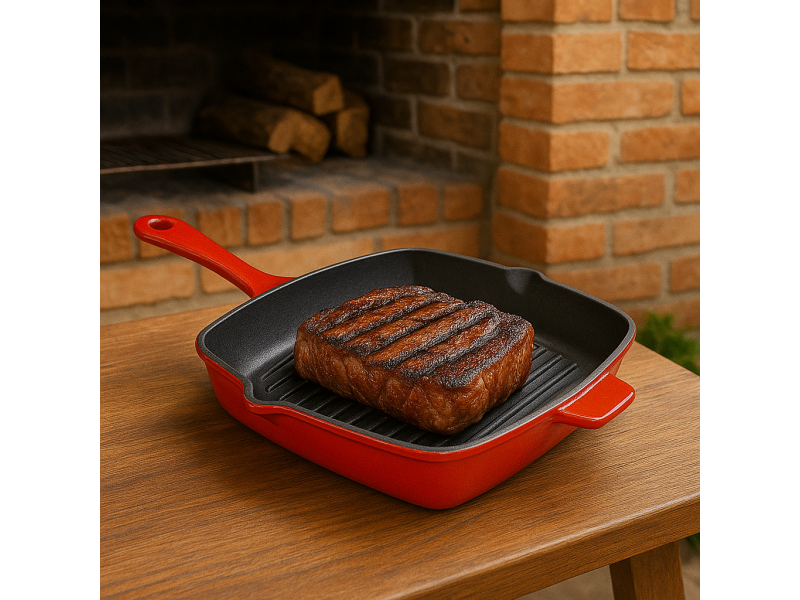 Tigaie Grill Fonta Emailata 27x27 cm, Compatibila cu Inductie, Gaz si Cuptor, Ideala pentru Steak, Burgeri, Carne si Legume