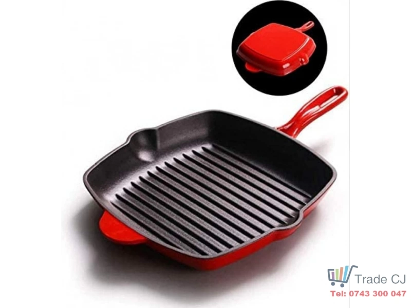 Tigaie Grill Fonta Emailata 27x27 cm, Compatibila cu Inductie, Gaz si Cuptor, Ideala pentru Steak, Burgeri, Carne si Legume