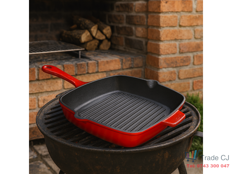 Tigaie Grill Fonta Emailata 27x27 cm, Compatibila cu Inductie, Gaz si Cuptor, Ideala pentru Steak, Burgeri, Carne si Legume