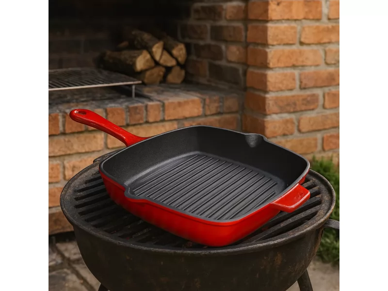 Tigaie Grill Fonta Emailata 27x27 cm, Compatibila cu Inductie, Gaz si Cuptor, Ideala pentru Steak, Burgeri, Carne si Legume