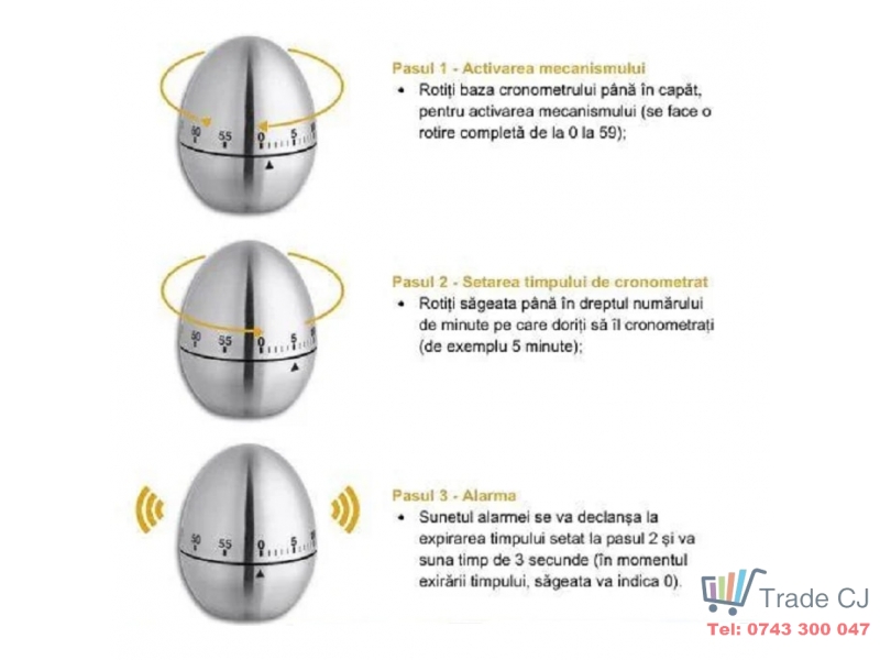 Temporizator mecanic tip cronometru inox pentru bucatarie, inaltime 7.5 cm, forma ou