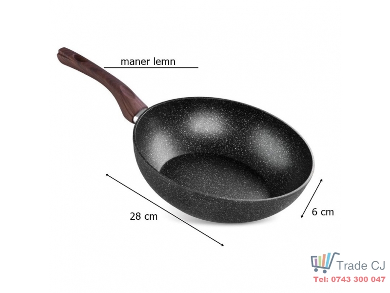 Tigaie tip wok BML-28, triplustrat, antiaderenta, diametru 28 cm, cu margini inalte, maner lemn