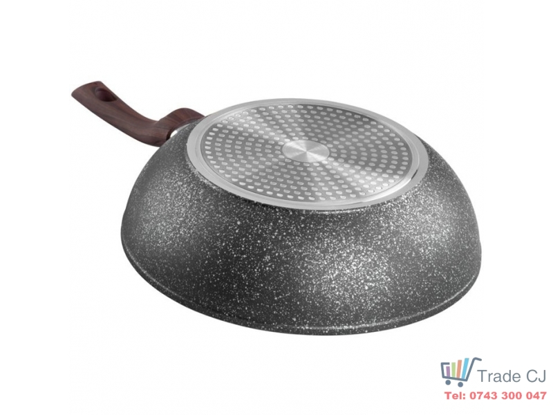 Tigaie tip wok BML-28, triplustrat, antiaderenta, diametru 28 cm, cu margini inalte, maner lemn
